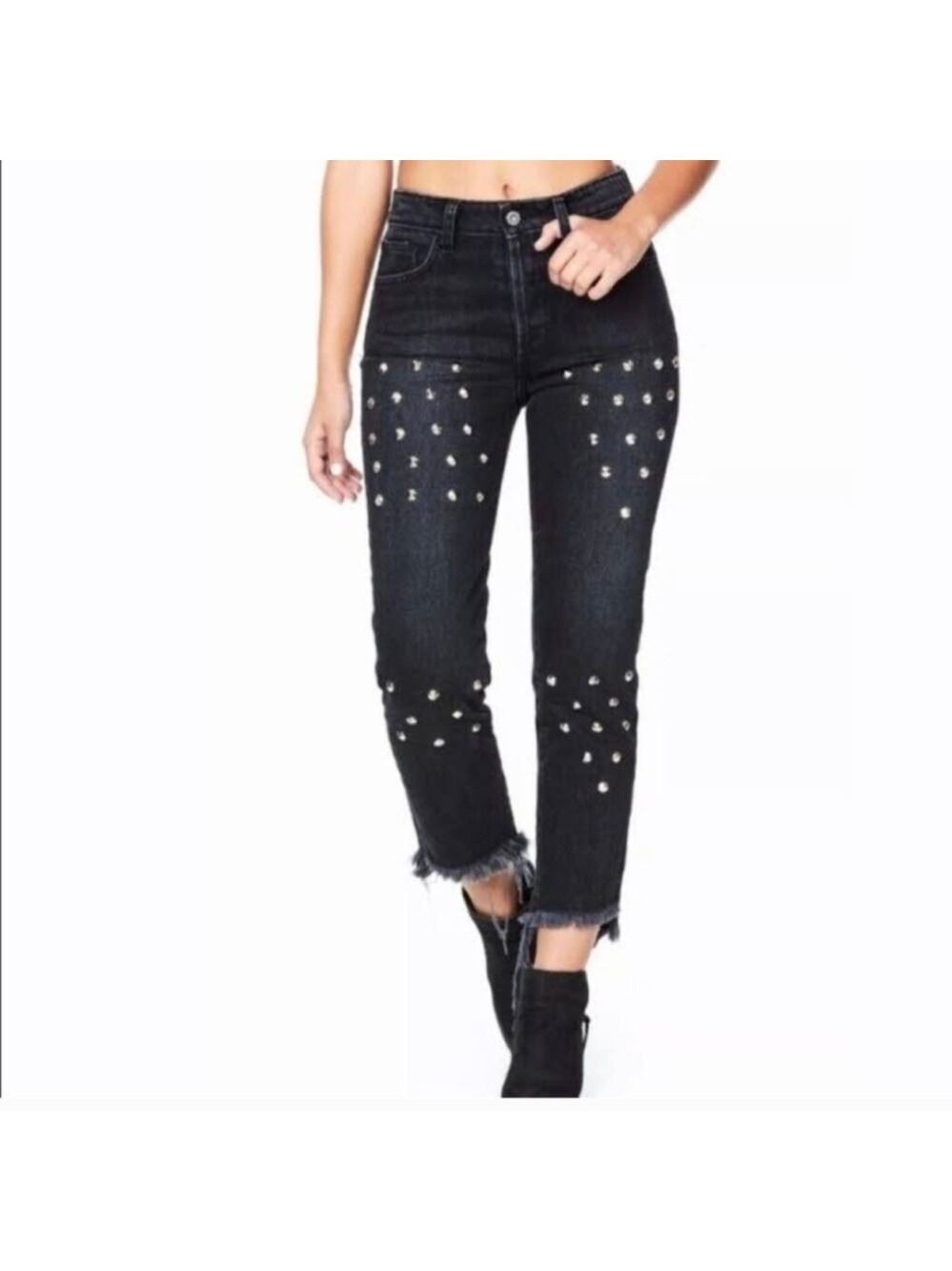 Carmar Black Studded Fringe Cropped Button Fly Jeans Size 25